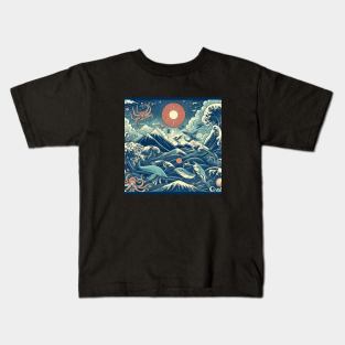 The Sea Wave and Sea Monster in Japanese Style Kids T-Shirt